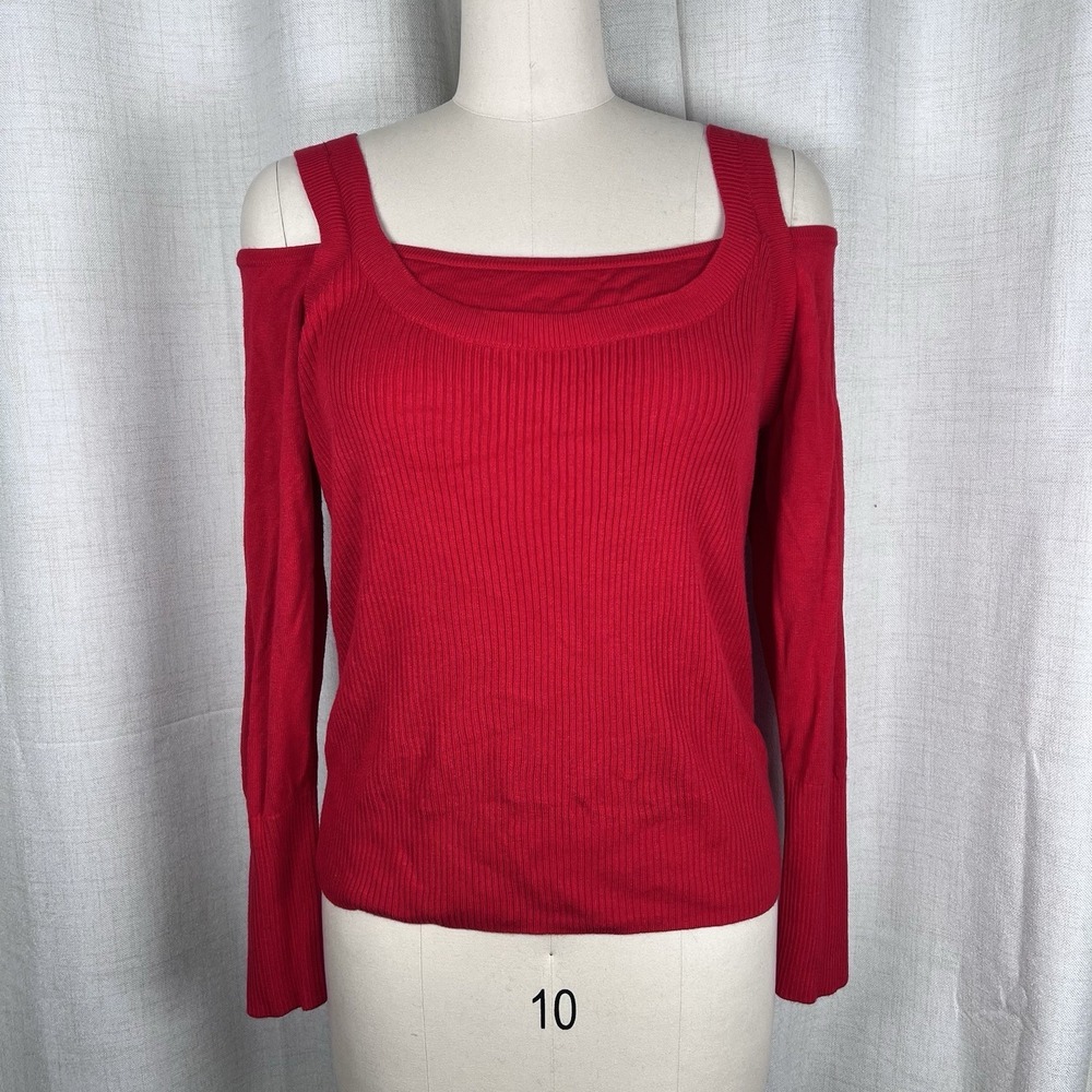 By Anthropologie Jamie Open Shoulder Ribbed Red Knit Top Sweater Large Basic